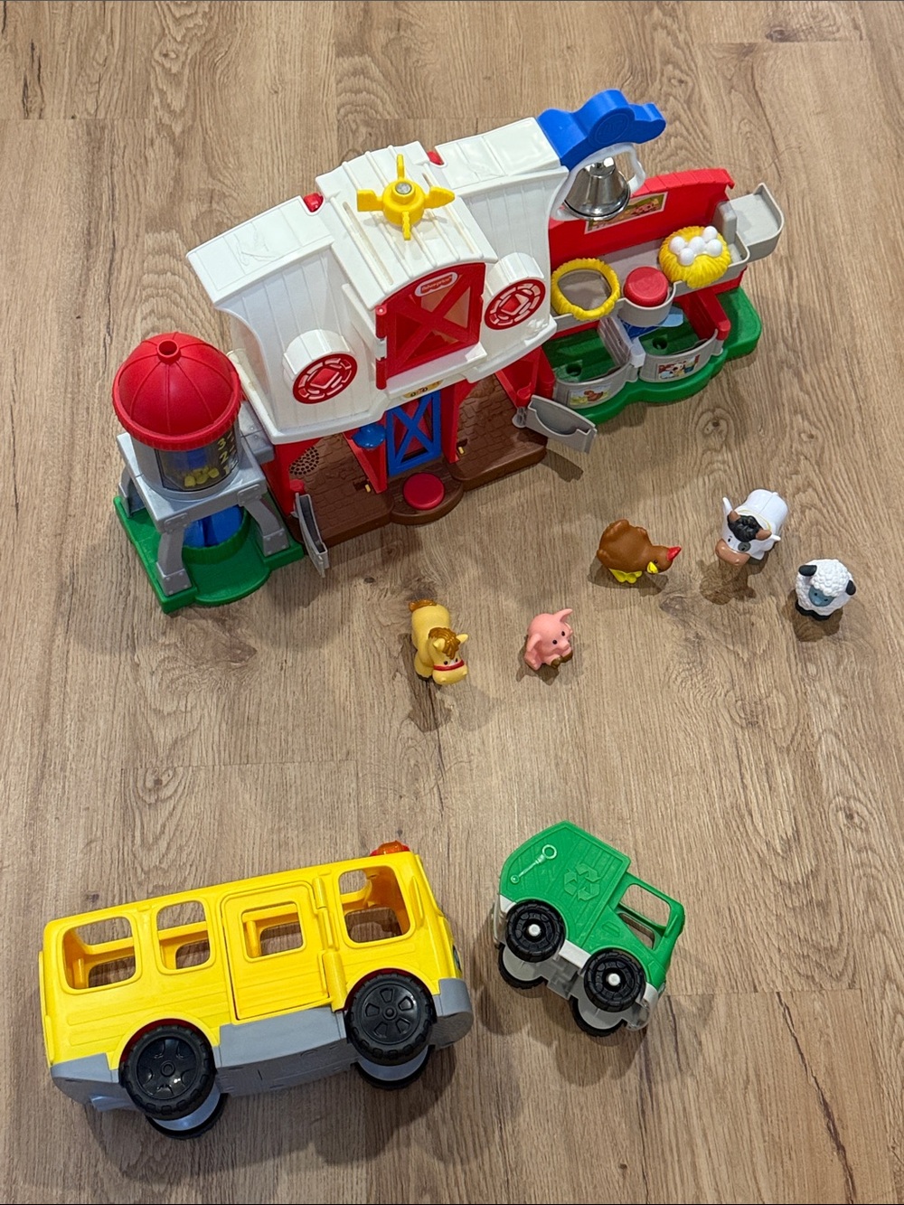 Fisher-Price Farm Playset with Yellow Bus, Green Tractor, Red & White Barn